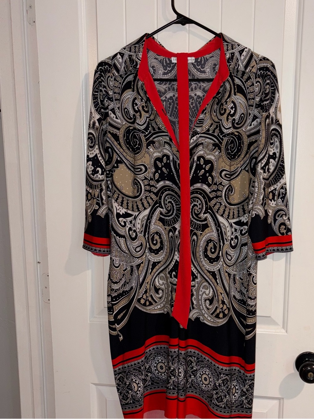 Sandra Darren Black, Red & Cream Paisley Midi Dress